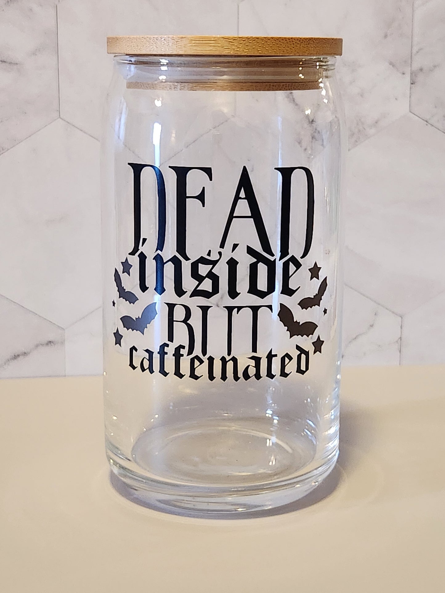 Dead Inside 16oz Libbey Glass with Straw and Bamboo Lid