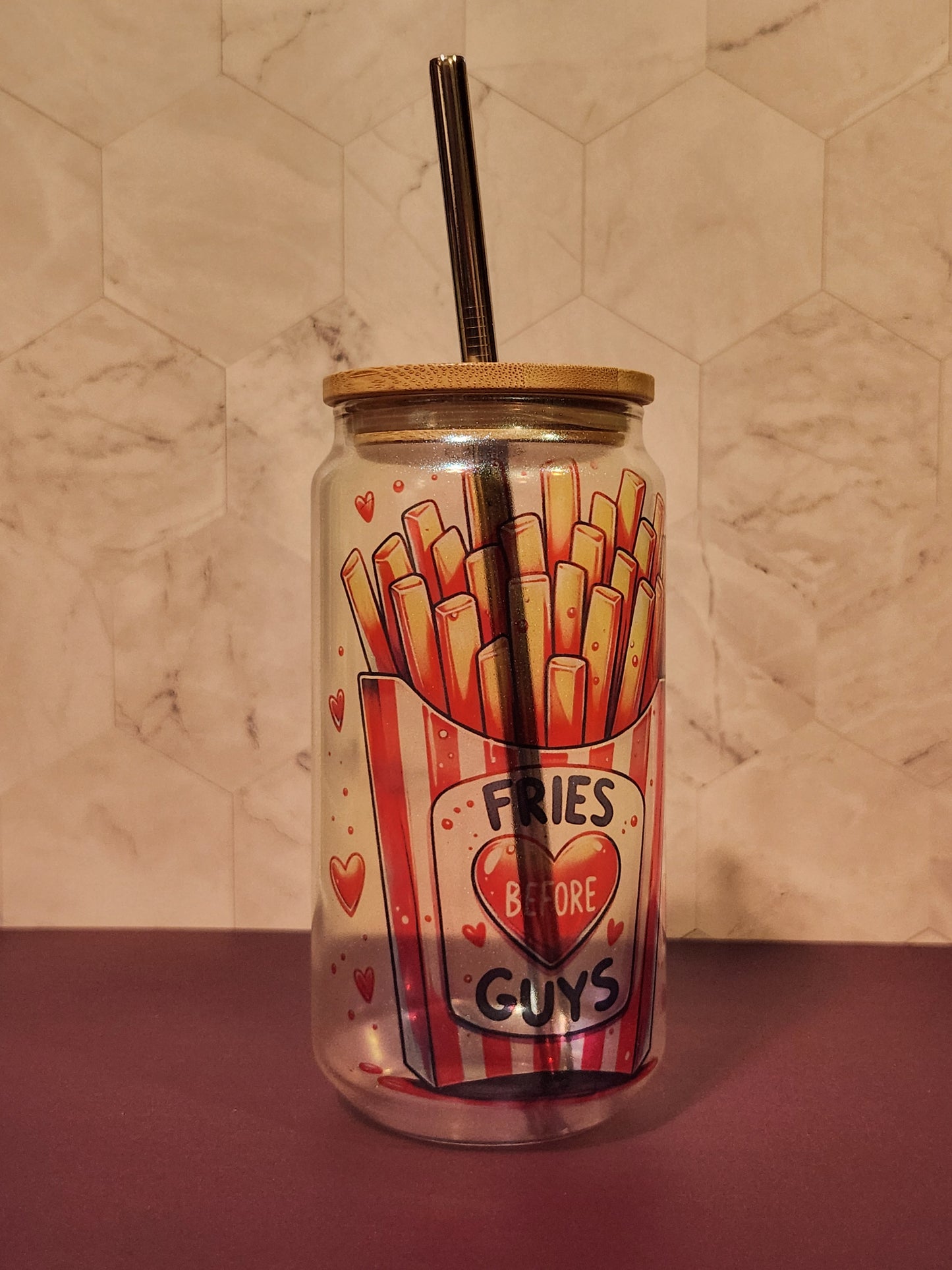 Valentine's 18oz Libbey Glass with Straw and Bamboo Lid