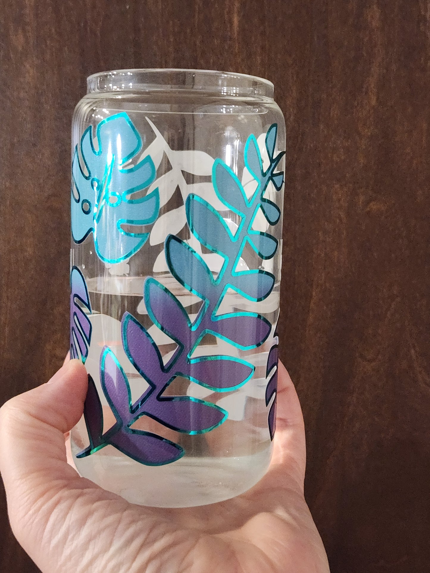 *Small Leaves* Botanical 16oz Libbey Glass with Straw and Bamboo Lid