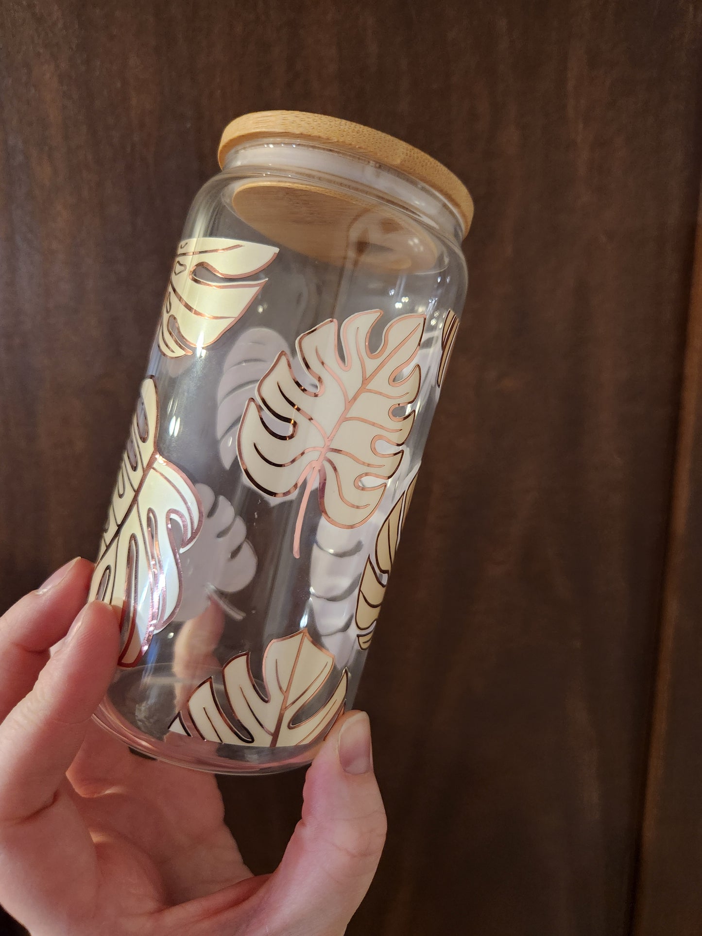 *Big Leaves* Botanical 16oz Libbey Glass with Straw and Bamboo Lid