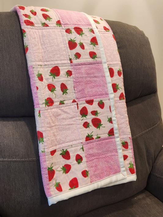 Sweet Strawberries Pink Gingham Baby Girl Quilt