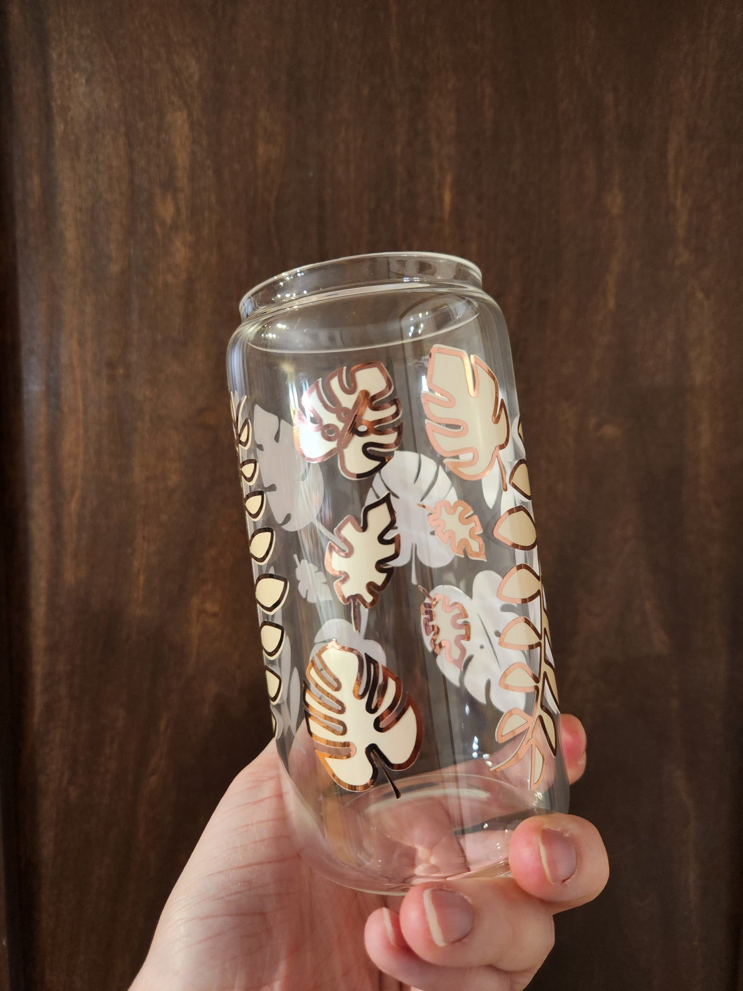 *Small Leaves* Botanical 16oz Libbey Glass with Straw and Bamboo Lid