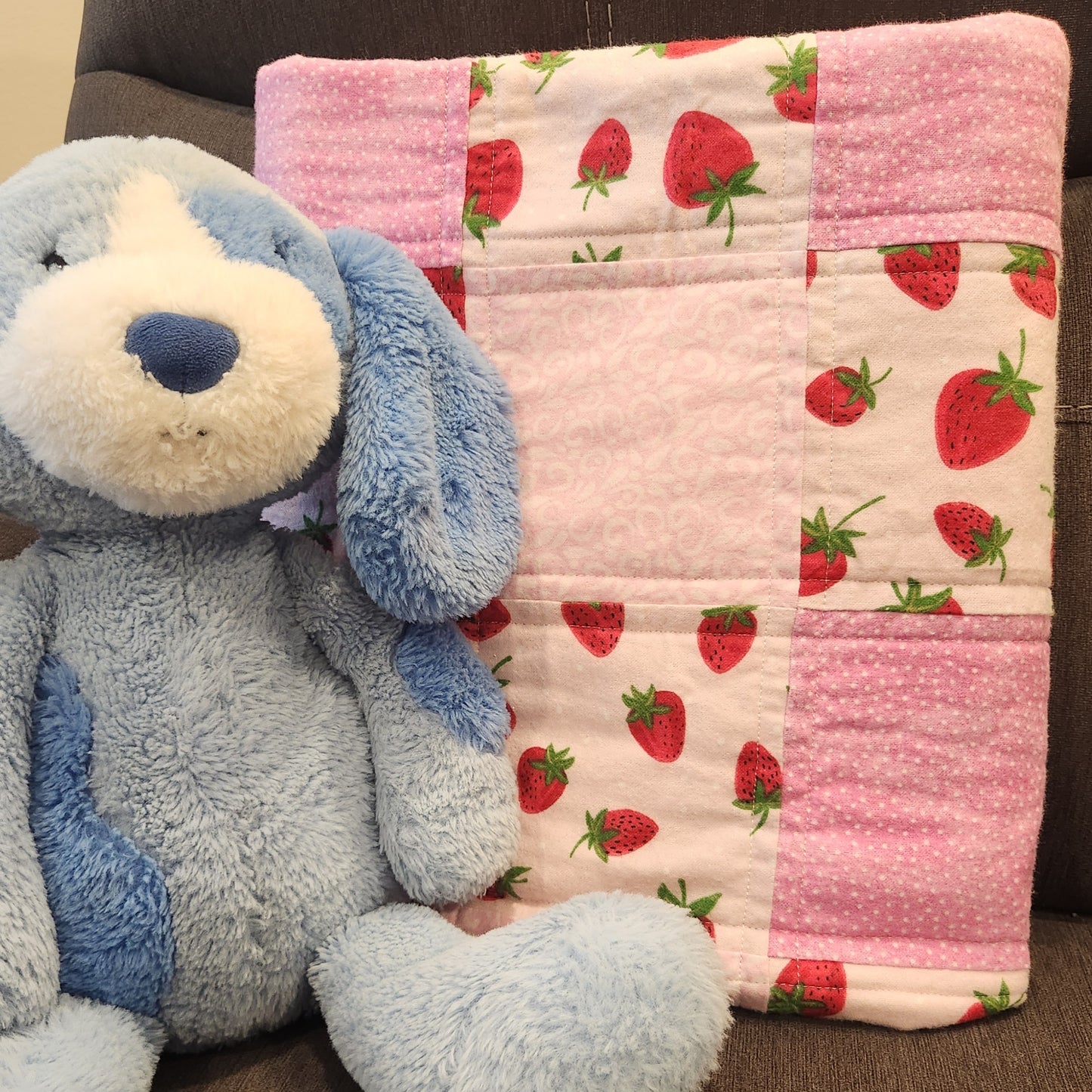 Sweet Strawberries Pink Gingham Baby Girl Quilt