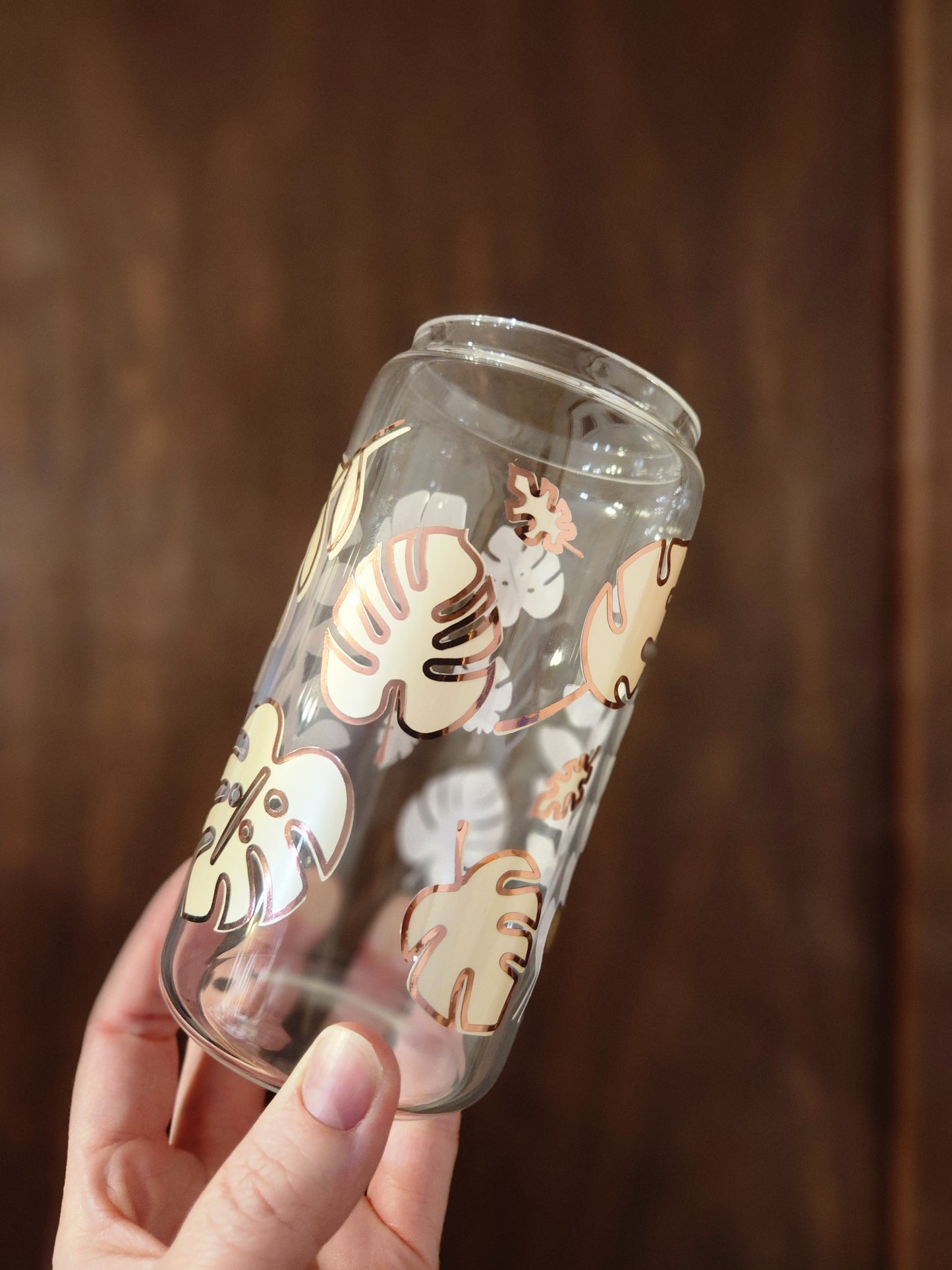 *Small Leaves* Botanical 16oz Libbey Glass with Straw and Bamboo Lid