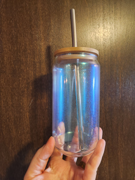 Custom Order - 18oz Iridescent Libbey Glass with Straw and Bamboo Lid