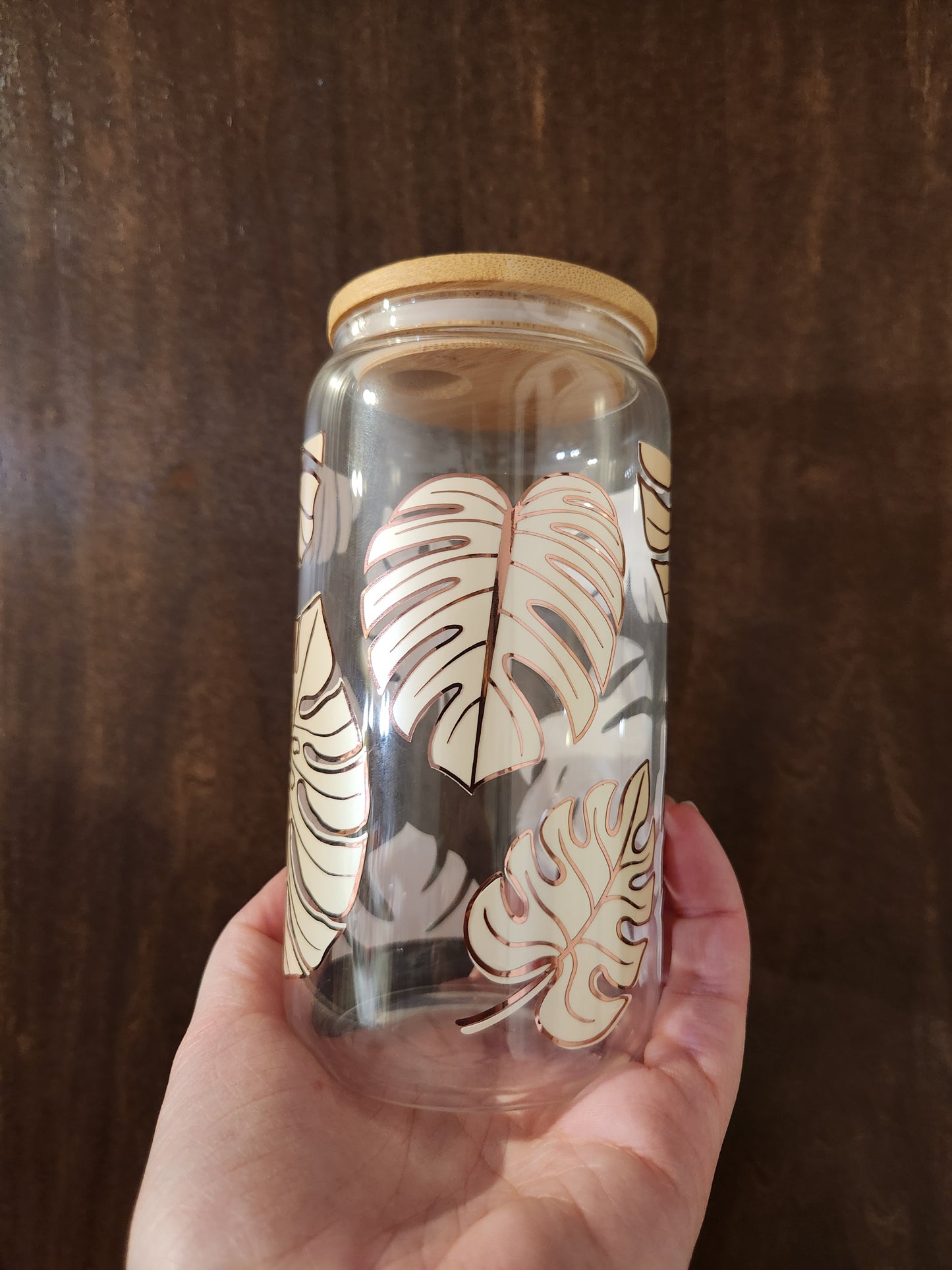 *Big Leaves* Botanical 16oz Libbey Glass with Straw and Bamboo Lid