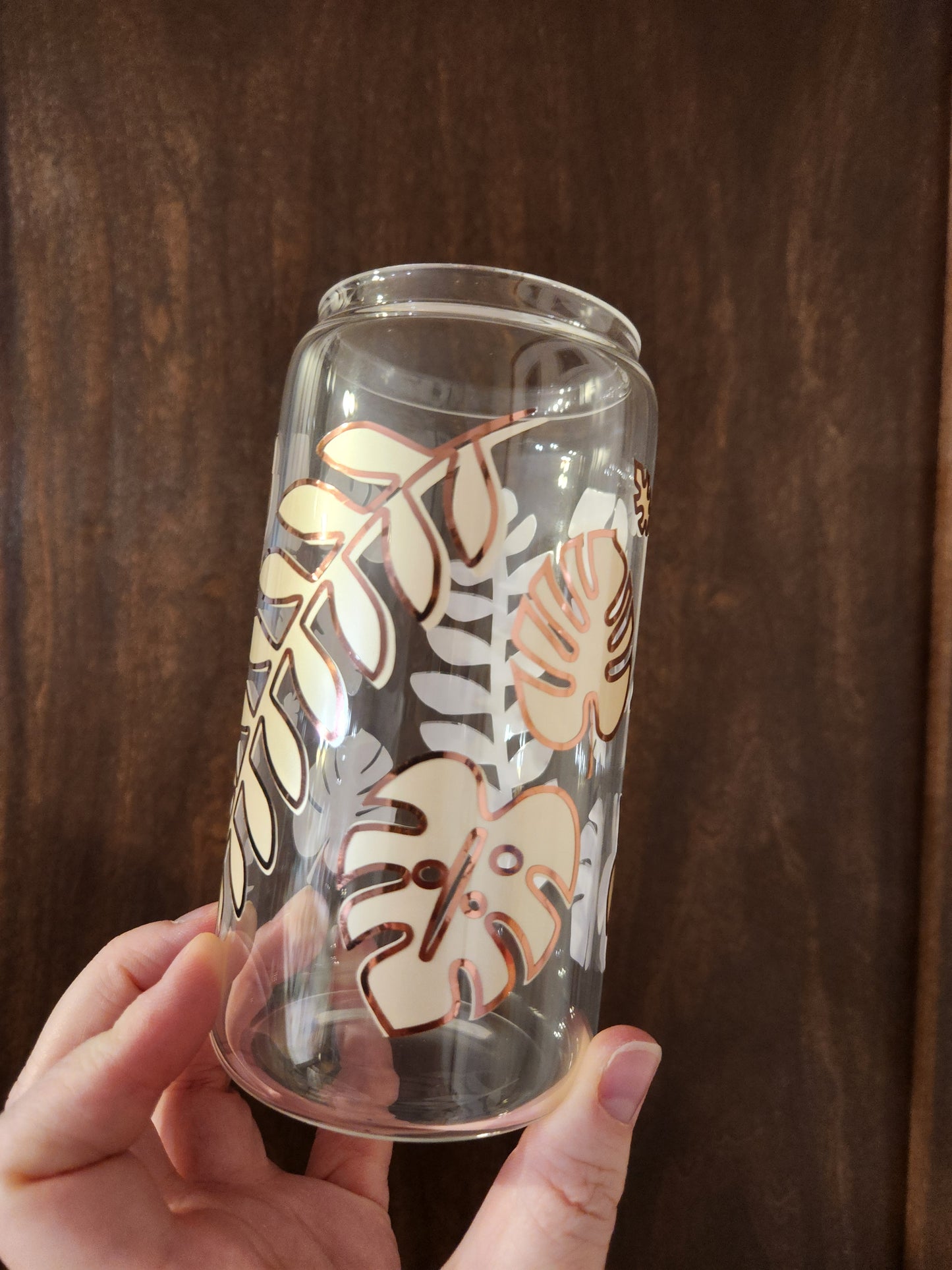 *Small Leaves* Botanical 16oz Libbey Glass with Straw and Bamboo Lid