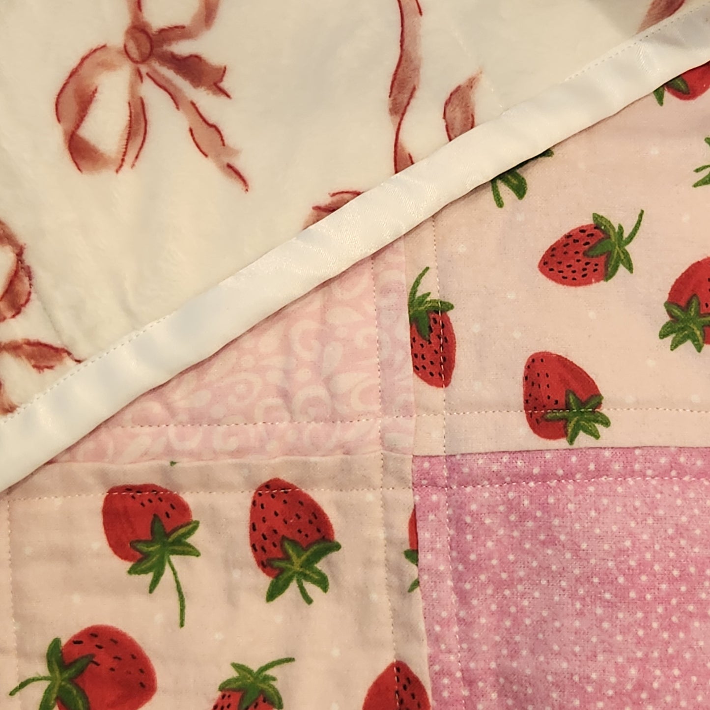 Sweet Strawberries Pink Gingham Baby Girl Quilt