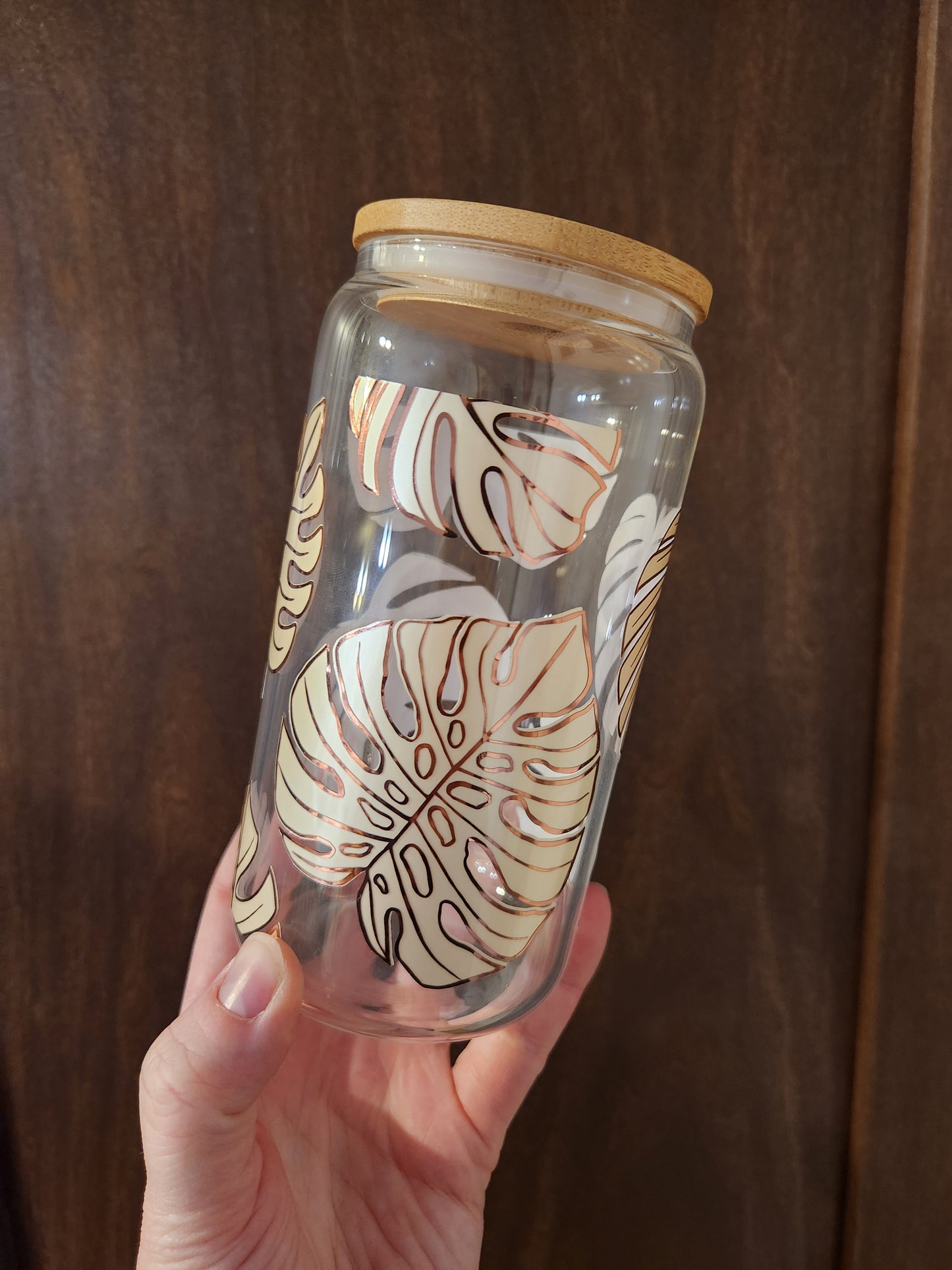 *Big Leaves* Botanical 16oz Libbey Glass with Straw and Bamboo Lid