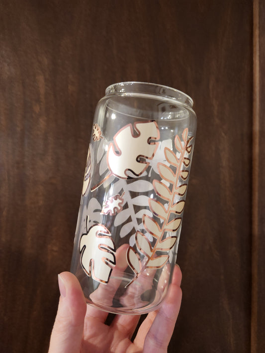 *Small Leaves* Botanical 16oz Libbey Glass with Straw and Bamboo Lid